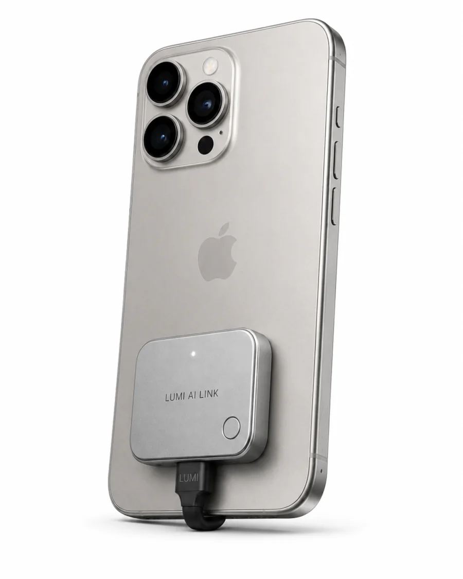 Lumi AI Link attached to an iPhone