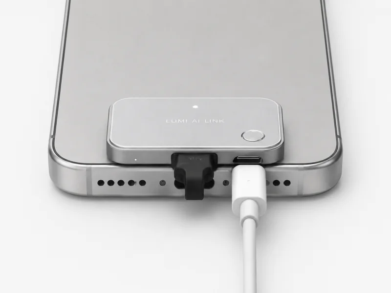 Lumi AI Link connected to an iPhone with a charging cable